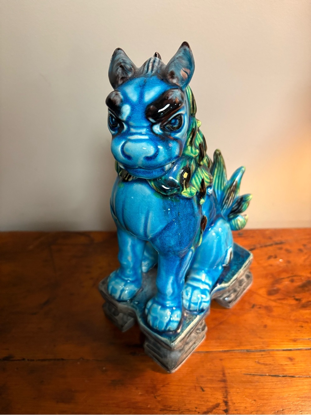 Vintage Blue Ceramic Foo Dog Statue - Decorative Home Art